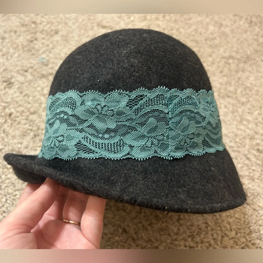 Anthropologie Dark Gray Wool Hat Blue Lace Band by Yellow Bird Cloche Women's